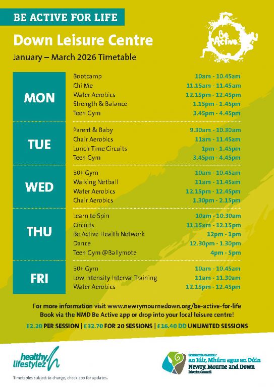 Timetable for Down Leisure Centre January- March 2026
