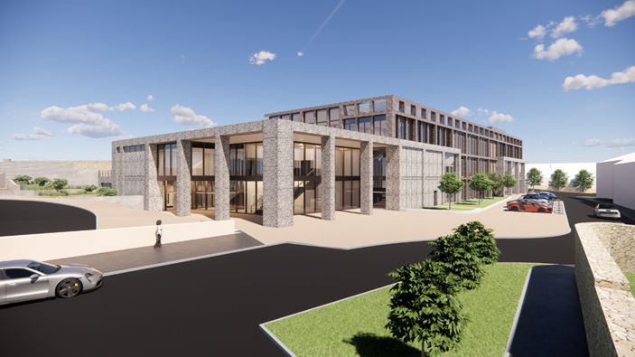 A developed design of the exterior of the Civic and Regional Hub.