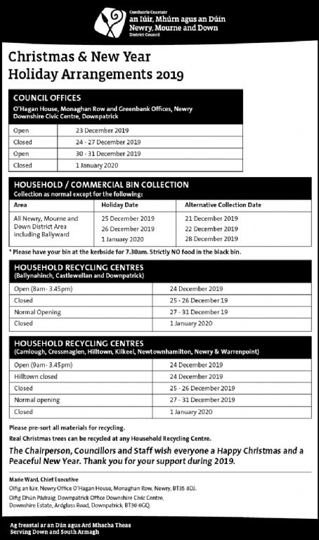 Bin collection dates, Council offices and HRC Christmas and New year opening hours
